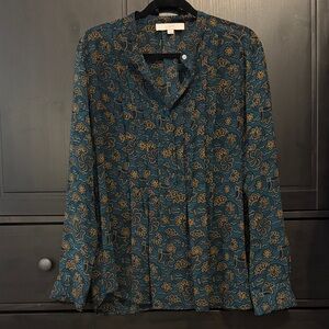 LOFT Teal and Mustard Floral Button-Front Blouse
